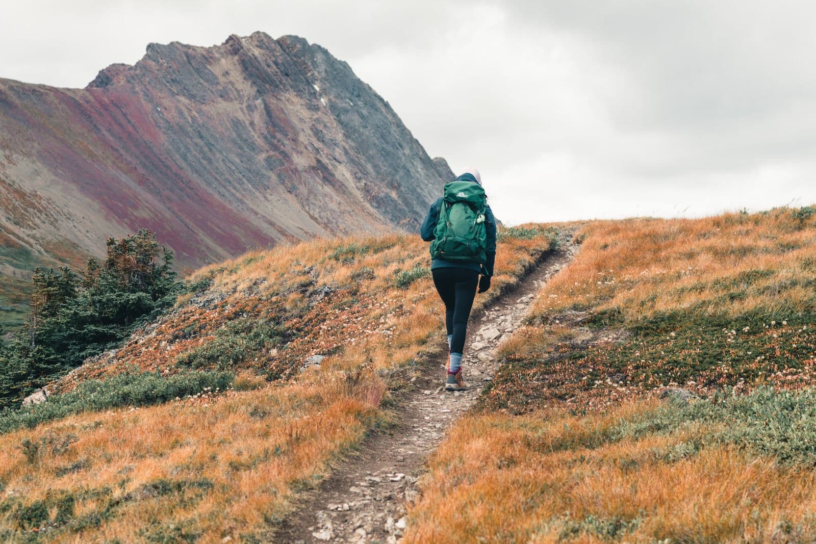 A hiker with a backpack trekking through a colorful autumn landscape
